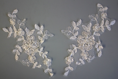 Pair of fine beaded flower lace appliques 
